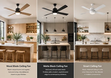 Modern kitchen interior showcasing current ceiling fan trends including wood blade, black finish, and smart fan designs.