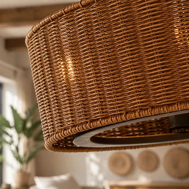 Handwoven natural rattan craftsmanship featured on an inch rustic rattan ceiling fan