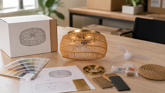 Rattan mini cylinder ceiling light OEM manufacturing workspace showing packaging design samples manuals and private label customization process
