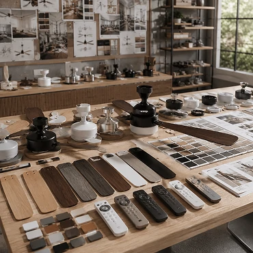 OEM and private label kitchen ceiling fan development workspace with packaging samples and branding materials