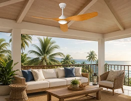 outdoor rated ceiling fan fandelier installed in modern patio living space showing durable motor protection and airflow performance for semi outdoor environments
