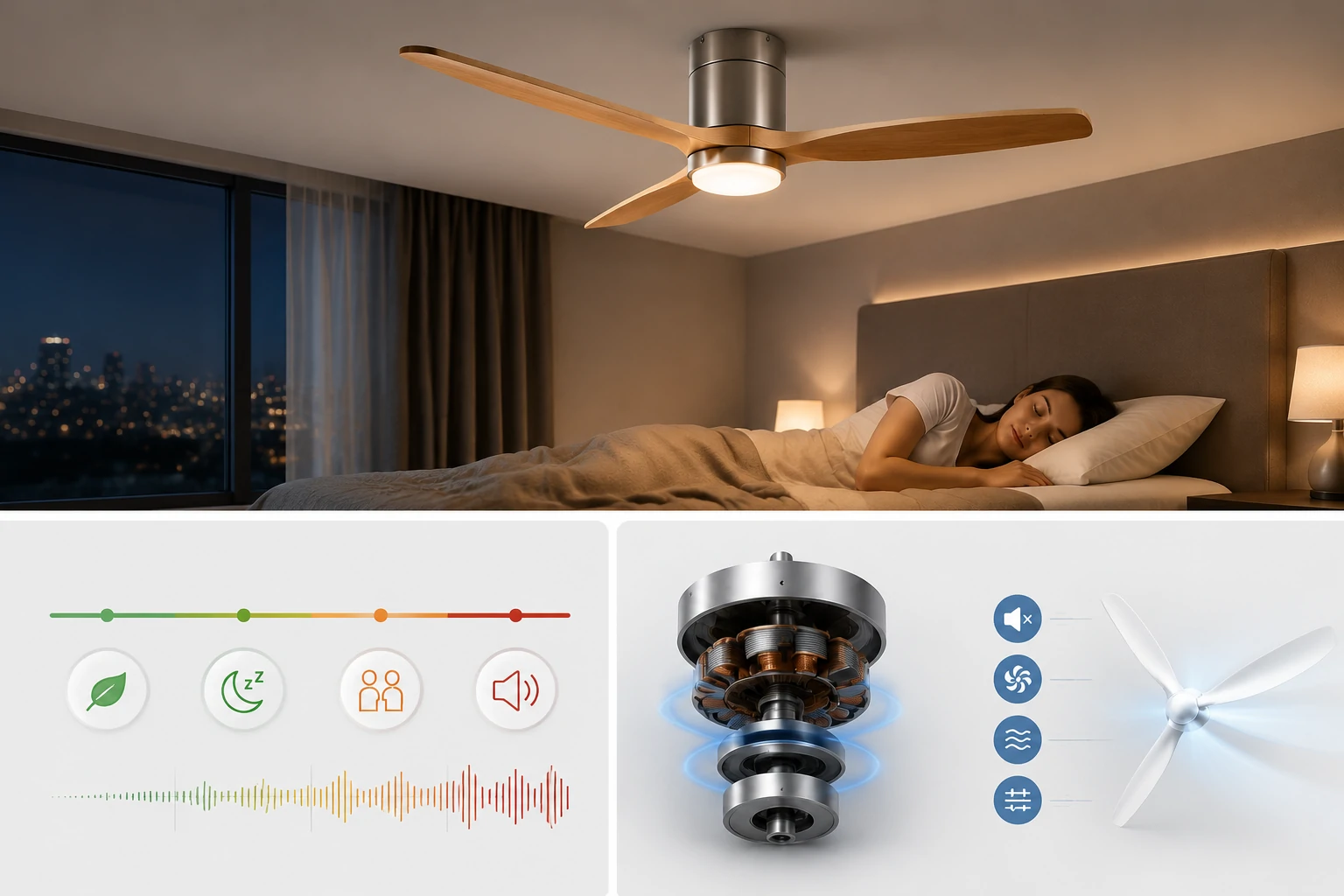 Quiet ceiling fan with light installed in a modern bedroom showing low noise airflow design, engineered for sleep comfort and stable night performance