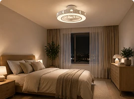 Quiet bedroom ceiling fan with integrated LED lighting designed for OEM ceiling fan manufacturing projects in modern hotel style interiors
