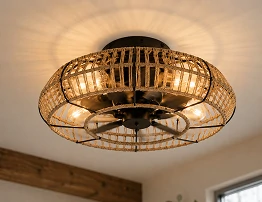 rattan cage fan light with flush mount design showing woven farmhouse ceiling lamp suitable for residential and hospitality interiors with oem customization