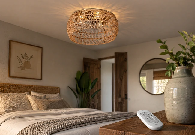 Rattan mini cylinder ceiling light in bedroom with flush mount fan design and remote control operation for modern home lighting