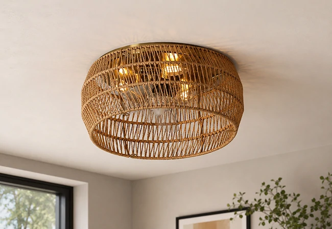 Rattan mini cylinder ceiling light showing flush mount fan design dimensions and technical structure for OEM manufacturing specification