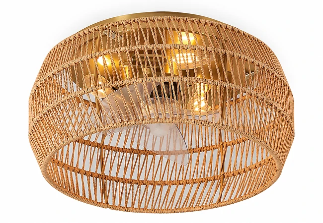 Rattan mini cylinder ceiling light product view showing flush mount fan design and detailed woven texture for OEM lighting supplier