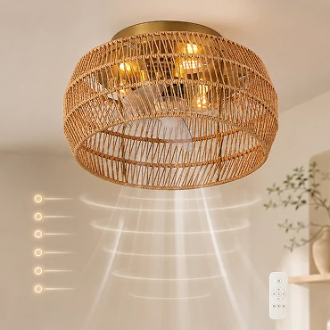 rattan mini cylinder ceiling light with flush mount fan design featuring six speed control system for adjustable airflow in residential and commercial spaces