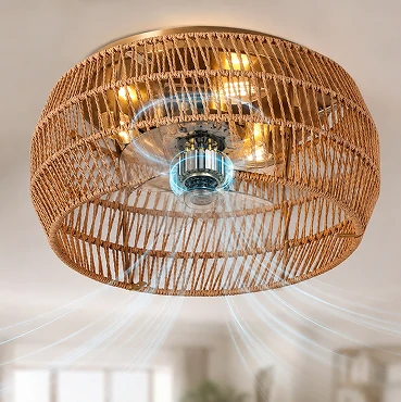 rattan mini cylinder ceiling light with flush mount fan design featuring energy efficient dc motor for quiet airflow and stable performance