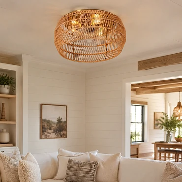 rattan mini cylinder ceiling light with flush mount fan design showcasing woven rattan farmhouse style texture for modern rustic interiors