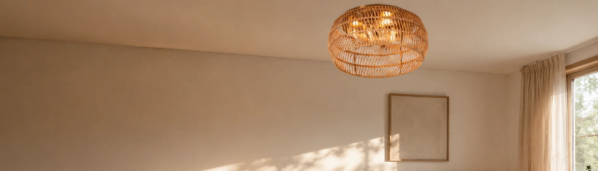 Rattan mini cylinder ceiling light with flush mount fan design installed in modern Scandinavian living room with warm ambient lighting