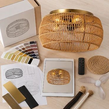 rattan mini cylinder ceiling light flush mount fan design showing oem odm customization with packaging materials color samples and private label options