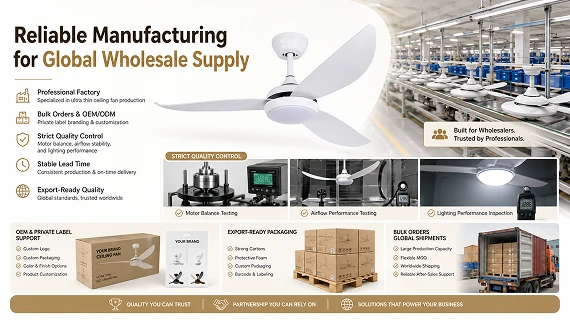 ceiling fan manufacturing factory showing reliable OEM ODM production and global wholesale supply capability for engineered ultra thin ceiling fan systems