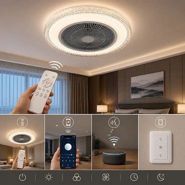 Remote control operation of a 20-inch luxury ceiling fan light in a modern bedroom