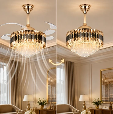 Crystal retractable chandelier ceiling fan showing hidden blade system with open and closed operation for modern luxury lighting design