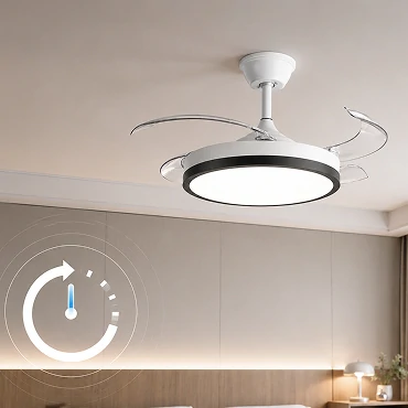 Six-speed airflow settings on a retractable ceiling fan with remote control in a modern living room