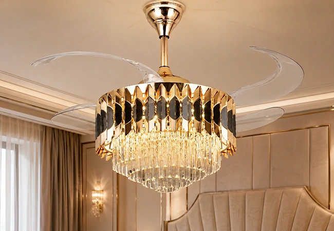 Retractable crystal chandelier fan light with transparent blades and gold body