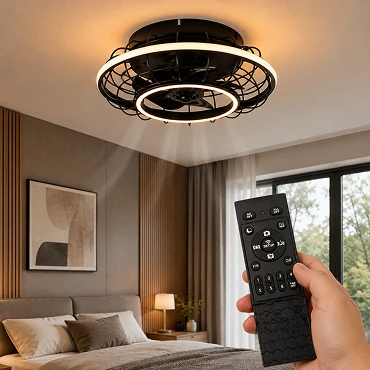 Remote control operating a 20 inch black cage low profile ceiling fan light in a modern living room