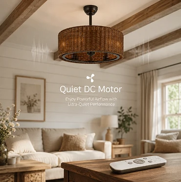 Premium DC motor technology used in inch rustic rattan ceiling fan for quiet and efficient airflow