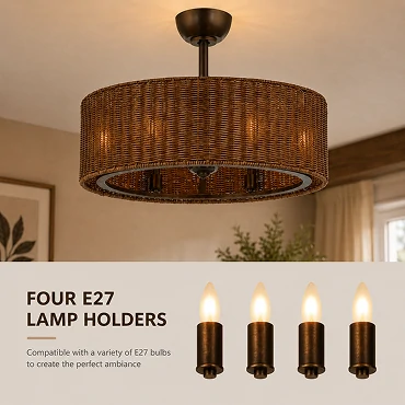 Four E27 lamp holders integrated into an inch rustic rattan ceiling fan lighting system