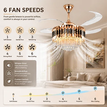 Crystal retractable chandelier ceiling fan demonstrating six adjustable fan speeds for precise airflow control in modern interior spaces