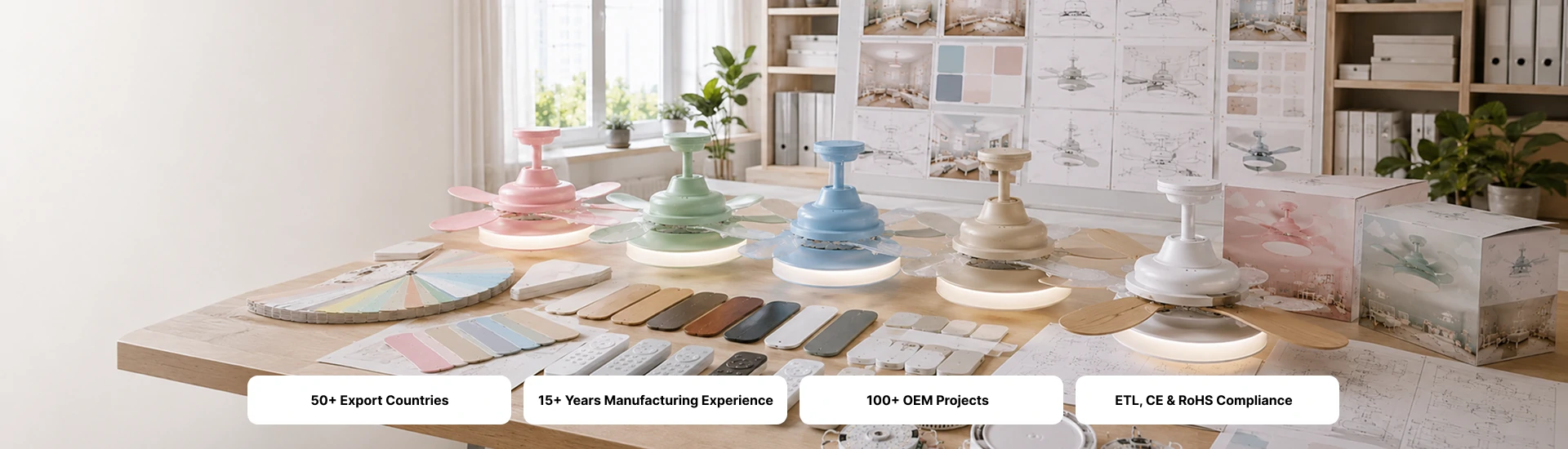 OEM kids room ceiling fan product development workspace featuring colorful fan prototypes and customization options for brands
