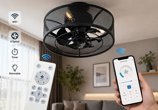 Smart remote and app control for an 18-inch black caged ceiling fan with dimmable lighting.