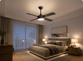 Smart LED bedroom ceiling fan with remote controlled lighting system designed for modern OEM and ODM residential projects