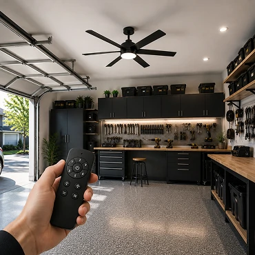 Smart garage ceiling fan compatible with app control and connected home automation systems