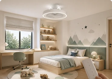 Smart ceiling fan with LED light installed in a modern kids room designed for connected homes.