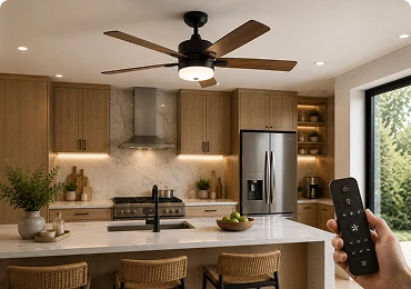 Smart kitchen ceiling fan installed in a modern residential kitchen designed for connected home environments