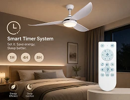 52 inch ultra thin ceiling fan with light showing smart timer system for sleep comfort and energy efficiency in modern bedroom
