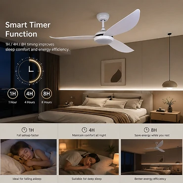 52 inch ultra thin ceiling fan with light showing smart timer function for sleep comfort and energy efficiency in modern bedroom
