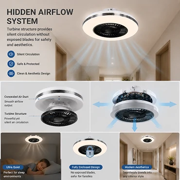 hidden airflow system inside 52 inch solid wood ceiling fan no light showing aerodynamic design and smooth air circulation performance