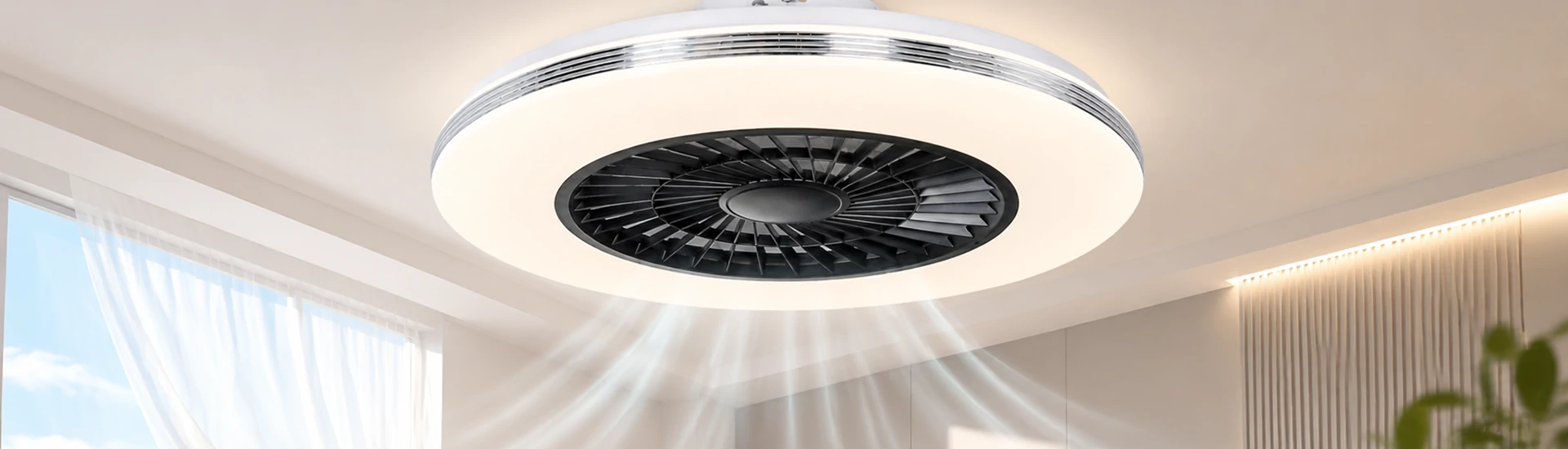 modern hallway flush mount ceiling fan light with integrated airflow system installed in minimalist interior architectural space with soft lighting