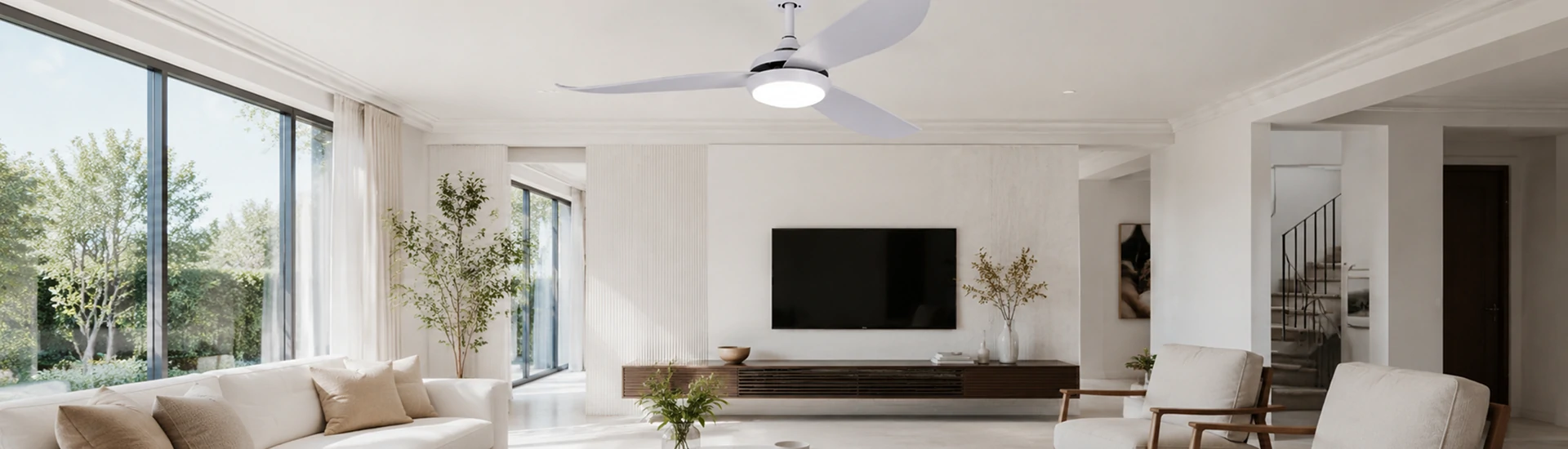 52 inch ultra thin ceiling fan with light installed in modern living room showing OEM ODM supplier solution for luxury residential projects