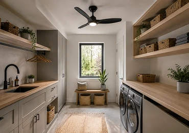 Utility room ceiling fan providing ventilation and lighting for laundry and service areas in a residential garage