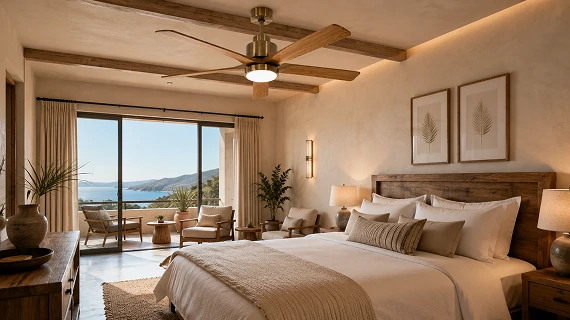 52 inch vintage ceiling fan with remote control installed in a boutique hotel bedroom project