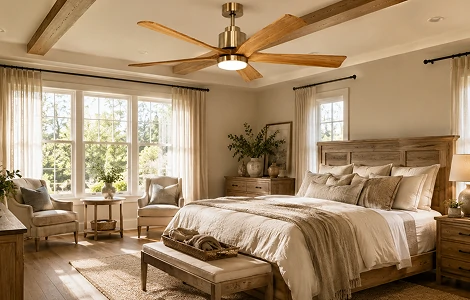 52 inch vintage ceiling fan with remote control and dimmable LED installed in a premium farmhouse bedroom