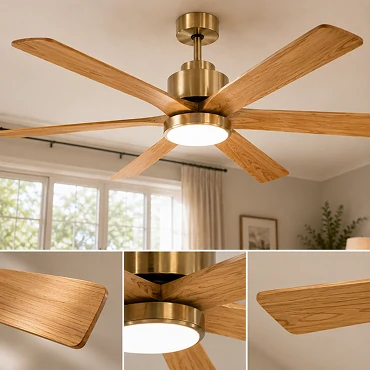 Natural wood grain blades used on a 52 inch vintage ceiling fan with remote control and dimmable LED