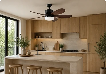 Wood blade kitchen ceiling fan installed in a Scandinavian kitchen featuring natural oak cabinetry and modern residential design
