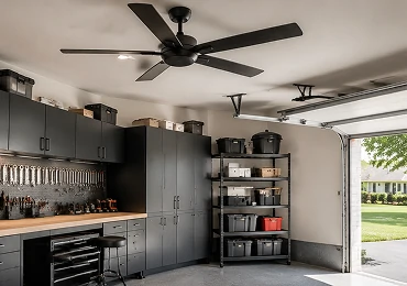 Workshop ceiling fan installed in residential DIY workspace providing airflow and lighting for utility projects