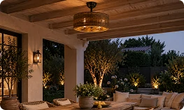 Woven ceiling fan with light designed for luxury outdoor hospitality and resort spaces