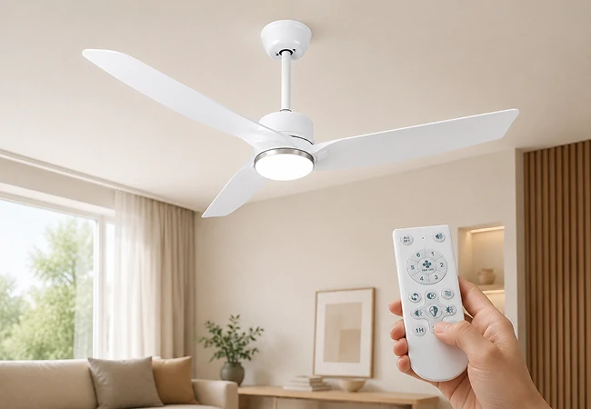 white ceiling fan with light featuring wireless remote control for convenient airflow adjustment