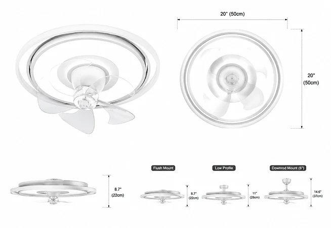 20 inch kitchen ceiling fan with LED light showing compact flush mount dimensions and structure