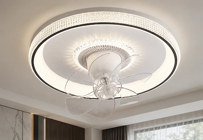 Close up material details of 20 inch exterior ceiling light with LED fan components