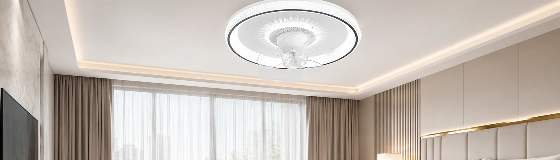 20 inch exterior ceiling lights with LED fan design installed in a modern outdoor residential space