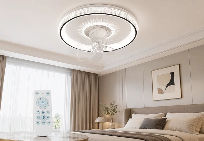 20 inch exterior ceiling lights with remote control LED fan design installed in a modern bedroom
