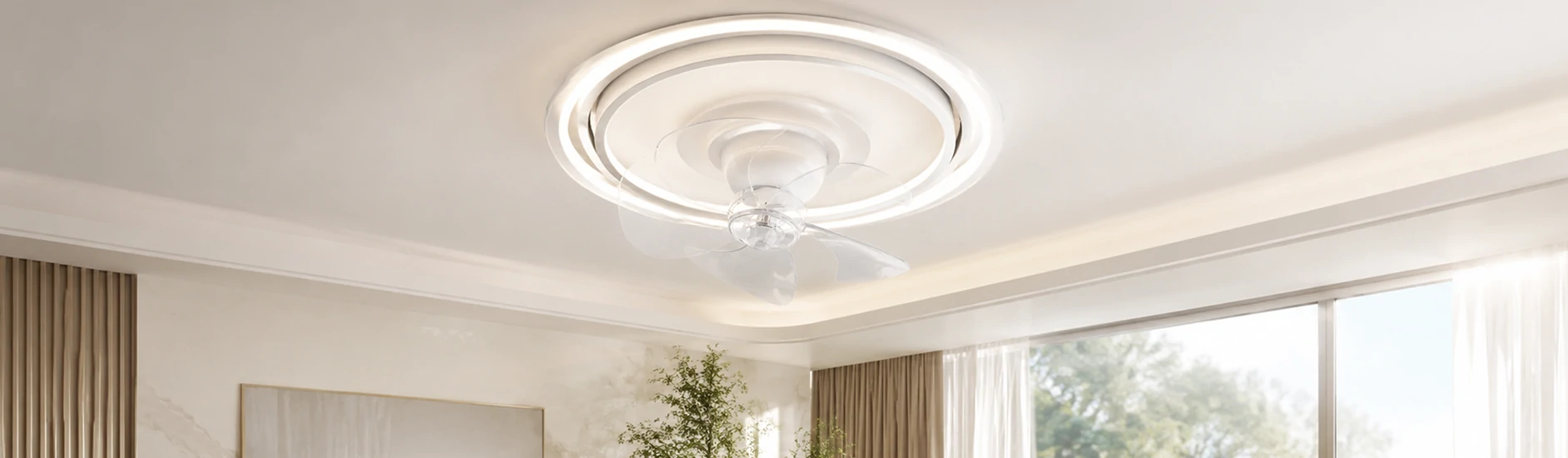 20 inch kitchen ceiling fan with LED light installed in a modern compact kitchen interior