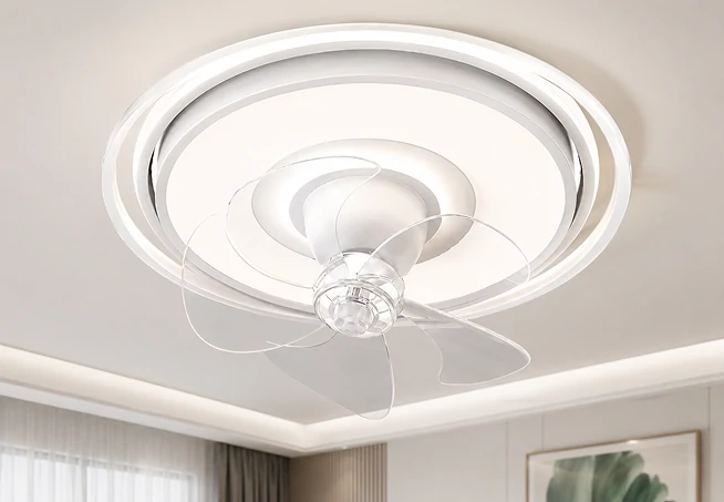 Close-up view of a 20 inch kitchen ceiling fan with LED light installed in a modern kitchen interior